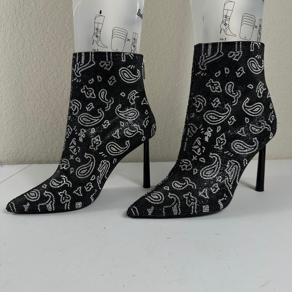 Steve Madden Robyn Booties Womens 10M Black Rhinestone Paisley Glam Stiletto Zip